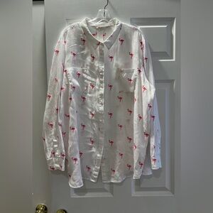 Boden White Linen Shirt with Pink Flamingo Print